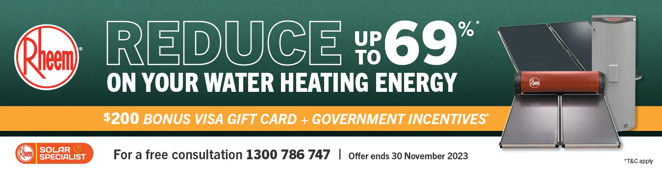 Rheem promotional banner, stating 'Reduce up to 69% on your water heating energy'